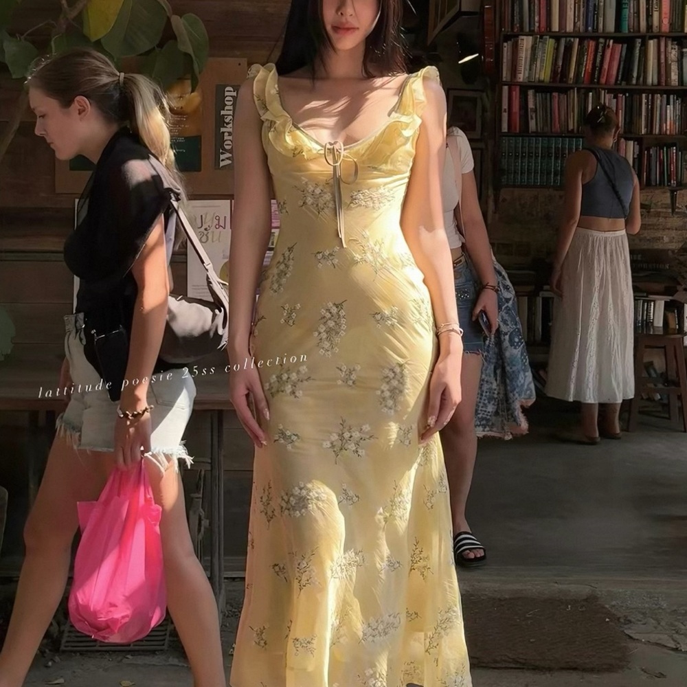 Elegant Yellow Floral Ruffle Midi Dress